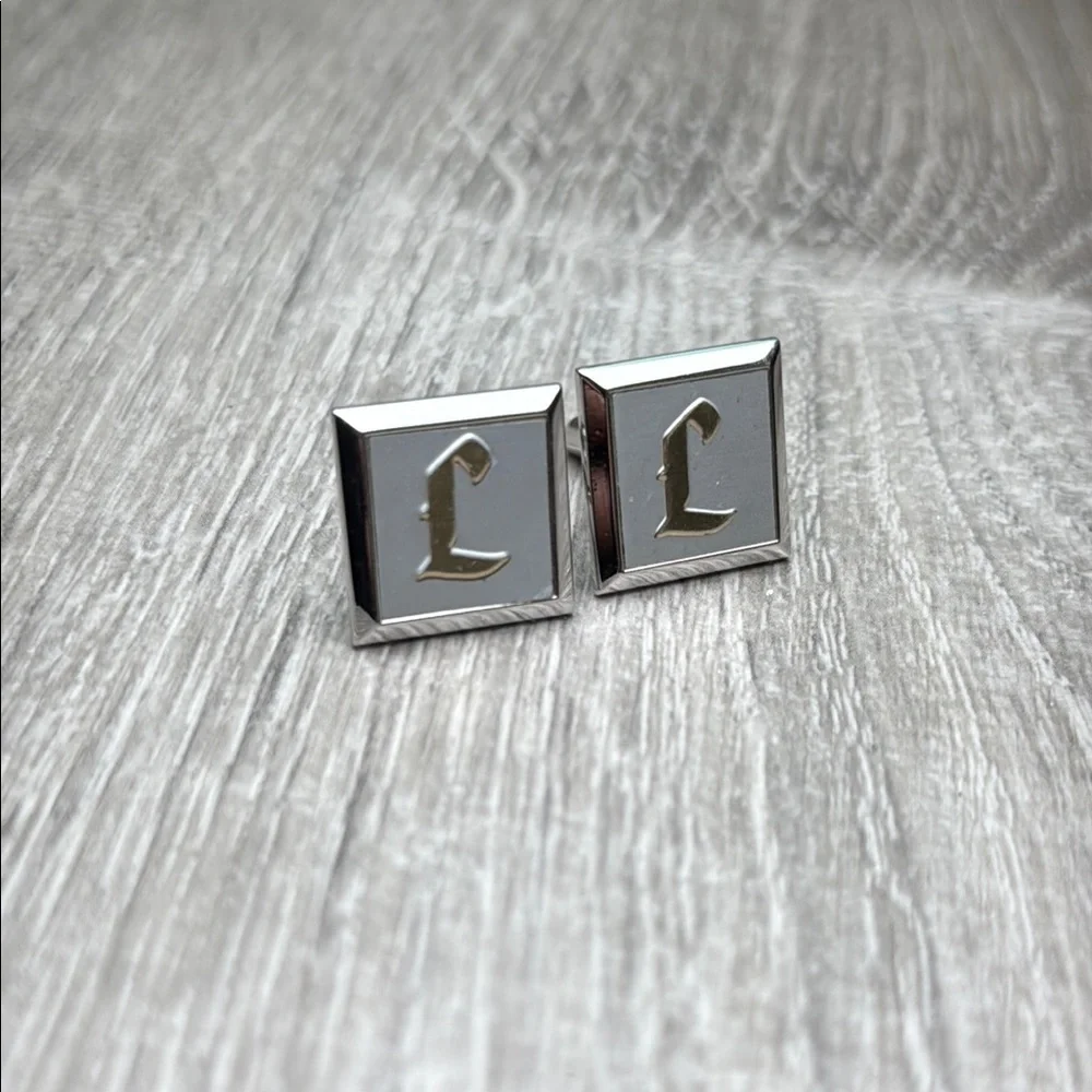 Gold and Silver Square Cuff Links with Engraved Design L